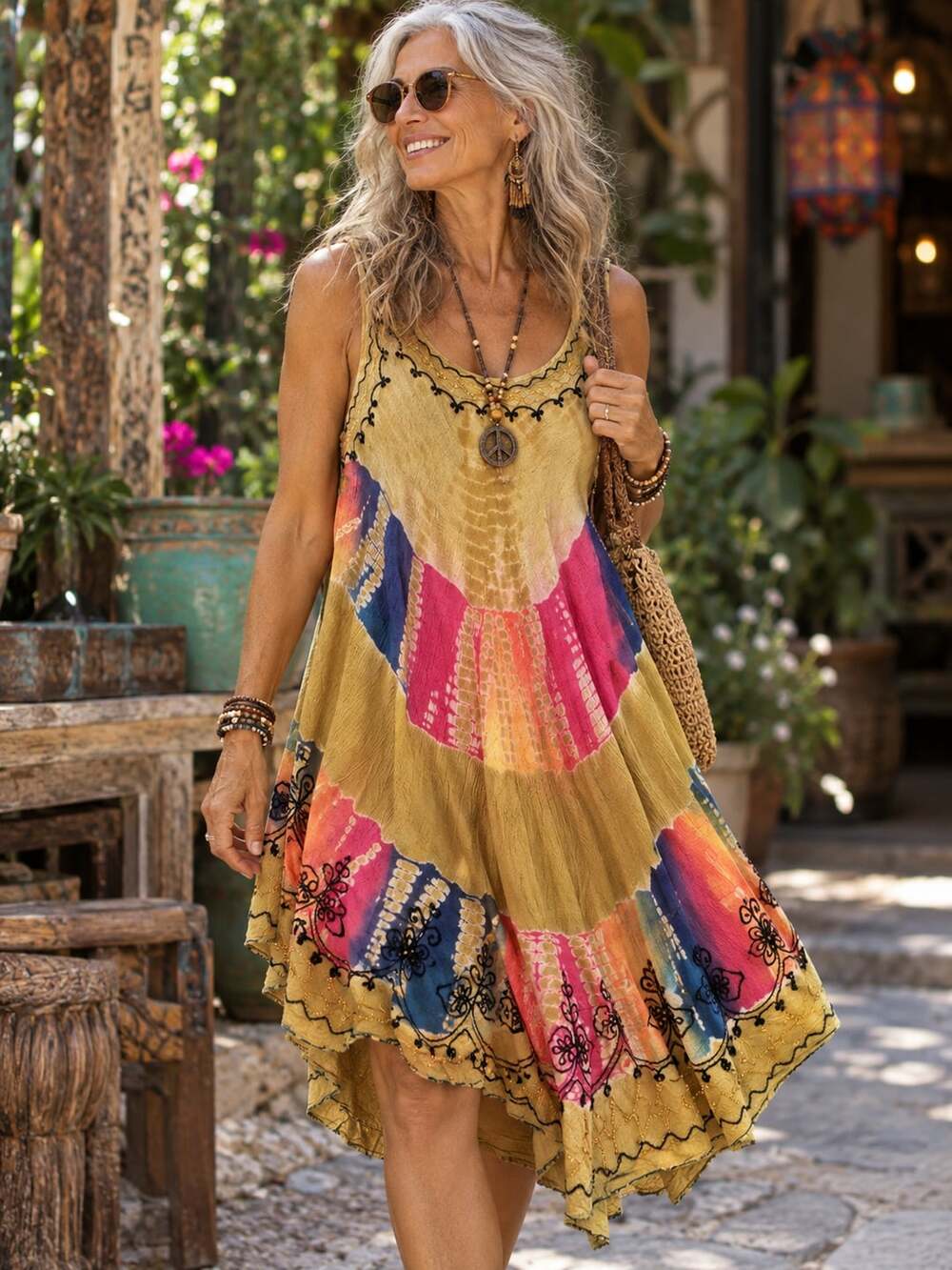 Indian Tropical Fashion Dress Free Size Multi Color Tie Dye Sundress